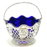 1905 Edwardian silver bon bon dish / basket (with scalloped blue glass liner) by C F Hancock &