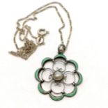 Silver green enamel pearl flower pendant on a silver marked chain (40cm) - slight a/f to enamel -