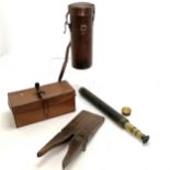 Antique brass 3 draw telescope total length extended 93cm T/W 2 antique leather cases and an antique