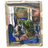 Mounted watercolour painting of a theatre scene signed at base - 55cm x 44.5cm
