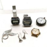 Unusual silver cased WWI period chonograph wristwatch (34mm diameter) t/w 2 x Casio LCD watches &