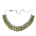 Silver marked green pear shaped & white stone set necklet - 48cm long & 33g total weight