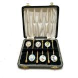Cased set of 6 x bird enamelled coffee spoons with gilt handles - box 13cm x 14cm & in overall
