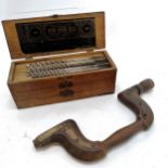 Antique wooden and brass mounted brace 34cm long and boxed complete set of C1876 Spur auger Bits