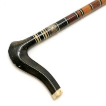 Antique walking stick / cane with sectional banded shaft & horn and bone handle with silver collar -