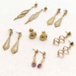 6 x pairs of 9ct gold earrings inc amethyst stone set - longest 4cm drop & total weight 6.2g