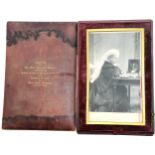 1892 hand signed (at Balmoral) photograph of Queen Victoria in a red leather case (39cm x 26cm & a/