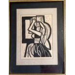 Signed woodblock print (#8/100) of a lady with long hair in a frame with a label on the reverse