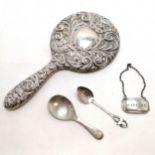 Silver hallmarked hand mirror (23cm), Silver & enamel spoon t/w Madeira decanter label & caddy spoon