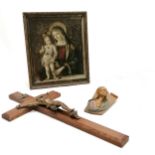 Vintage oak & metal crucifix (37cm) t/w religious wall plaque and a framed print of Madonna and