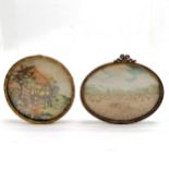 2 x gilt metal framed miniature needlepoint pictures - oval 9cm across