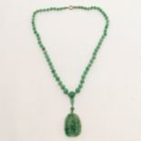 Antique Chinese spinach jade bead (largest bead 10mm in diameter) necklace with a hand carved