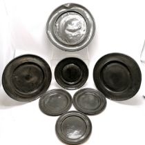 7 x antique pewter plates / chargers inc 3 continental & 4 with fold-over rim by 'HO London (bird)'-