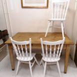 Pine kitchen table 149cm long x 91cm wide x 80cm high T/W 3 white painted kitchen chairs