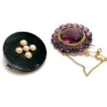 2 x antique brooches - purple paste & onyx / pearl (2.5cm diameter & slight a/f)