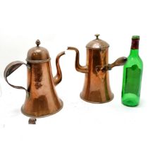 2 x antique copper coffee pots (1 with wooden handle & 28cm high - the other has tag detail detached