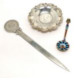 Silver marked Turkey coin letter opener (18cm), Egyptian coin tray & enamel small spoon - total