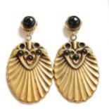 Pair of 14ct marked gold Egyptian revival earrings set with cabochon garnet & diamond - 5cm drop &
