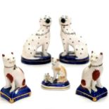 Pair of Staffordshire dalmatians 13cm high, pair of cats and a figure of 3 cats on a base. All in