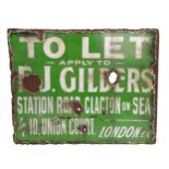 Antique green & white enamel To Let E. J Gilders Clacton on Sea. 51cm x 41cm Obvious losses and