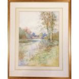 Framed 1899 watercolour painting of a river and landscape by Herbert Edward Butler (1861-1931) -