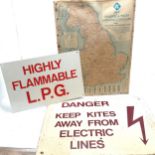 2 x vintage danger signs - largest plastic (60cm x 44cm) & smallest aluminium t/w RAC road map on
