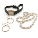 Pair of 9ct gold hoop drop earrings (1.2g), baroque freshwater pearl necklace with 9ct gold clasp (