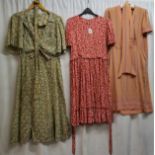 3 1940s dresses. Striped silk pink dress in good condition, Floral cotton dress with belt in good