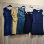 5 1960s dresses. Crimplene dress with bead work trim, slight staining. Satin blue dress, with bead