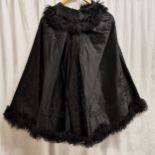 Black satin long victorian cape with embroidery and fur trim