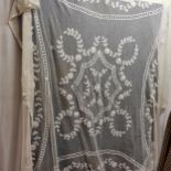 Two more odd lace curtains/bed covers applique on net some staining 225 x 225cm and 280 x 260cm