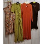 4 1940s dress. Brown crepe with sequin trim in good condition, Long orange crepe in good condition