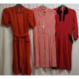 3 1940s crepe dresses. Red trimmed with black completed with diamante dress clip, chest 84cm. Orange