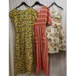3 1960s-1970s cotton dresses. Yellow long floral-patterned dress in good condition, chest 89cm.
