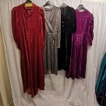 4 Velvet dresses. Purple velvet dress with ruched waist and long sleeves in used condition, chest