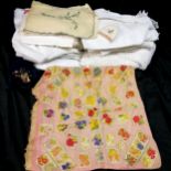 Qty of tablecloths (some embroidered) t/w silk cigarette cards (kensitas flowers) stitched panel etc
