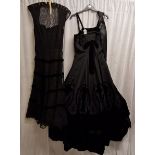 1950s black, satin evening gown, trimmed with bead work and velvet, ribbon straps and stiffened