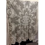 Pair of applique on net curtains, small hole to one 130 x 260cm plus bed cover to match 208 x 215cm