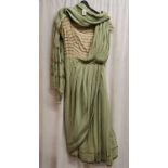 1930s green chiffon dress, with gold thread work bodice. Attached shawl also trimmed with gold
