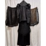Victorian long black satin skirt t/w black satin top beaded with high neck plus black lace apron