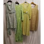 4 1950s long dresses. Lime chiffon long dress in good condition, chest 72cm. Green satin floral