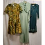 3 1960s dresses. Pale green 'Shelana' dress long and in good condition, chest 66cm. Dark green