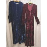 2 Velvet designer long dresses 1960-1970s. Blue velvet, long, buttoned through dress by 'Liberty