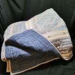 Hand stitched denim blue coloured patchwork quilt, 254cm x 195cm