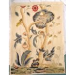 Antique crewel work panel depicting (stump work) flowers, monkey, bird, warthog and foliage - 70cm x