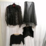Antique black lace cape with beadwork and ribbon decoration, small black velvet waistcoat with