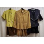 3 1960s two piece suits. Lime and brown skirt and jacket in good condition, chest 76cm. Sailor style