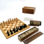 Carved wooden chess set with board 35cm square t/w set of dominoes & a part set (50) of double 9