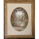 19th Century framed English Garden. oval watercolour, view of an English Country Cottage garden