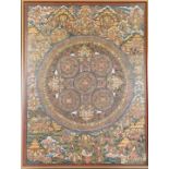 Framed original hand painted Asian thangka with profuse detail with 5 circles to centre - 64cm x